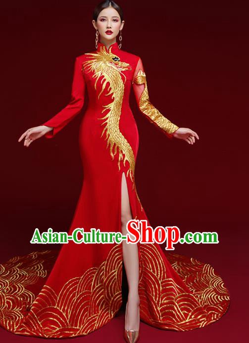 China Catwalks Compere Embroidered Dragon Cheongsam Garment Wedding Red Brocade Trailing Full Dress Stage Show Clothing