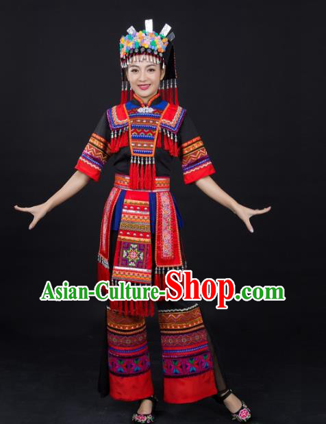 Chinese Ethnic Folk Dance Clothing Traditional Yao Nationality Female Garments Xiangxi Minority Black Suits and Headwear