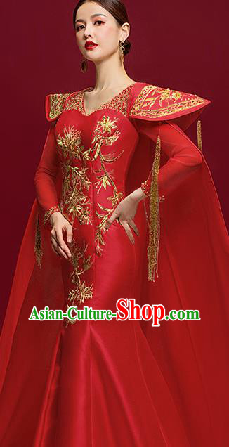 China Embroidered Garment Compere Trailing Cape Dress Stage Show Wedding Clothing Catwalks Full Dress