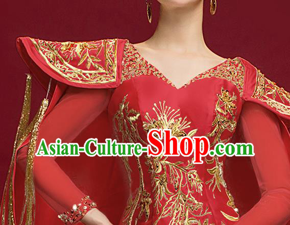 China Embroidered Garment Compere Trailing Cape Dress Stage Show Wedding Clothing Catwalks Full Dress