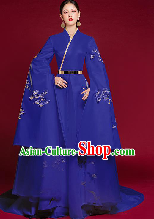 China Compere Trailing Full Dress Stage Show Embroidered Pine Crane Clothing Catwalks Water Sleeve Dress Garment