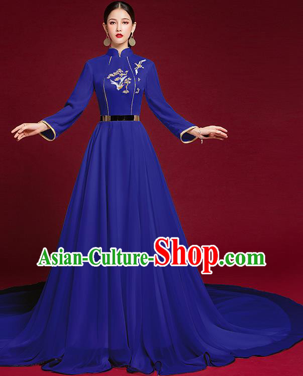 China Compere Royalblue Full Dress Stage Show Embroidered Clothing Catwalks Trailing Dress Garment
