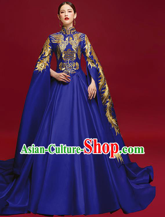 China Compere Embroidered Phoenix Royalblue Dress Garment Stage Show Trailing Full Dress Catwalks Water Sleeve Clothing