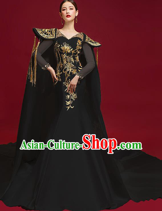 China Compere Embroidered Trailing Dress Garment Stage Show Black Full Dress Catwalks Fashion Clothing