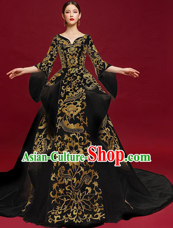 China Catwalks Fashion Clothing Compere Embroidered Trailing Dress Garment Stage Show Black Full Dress