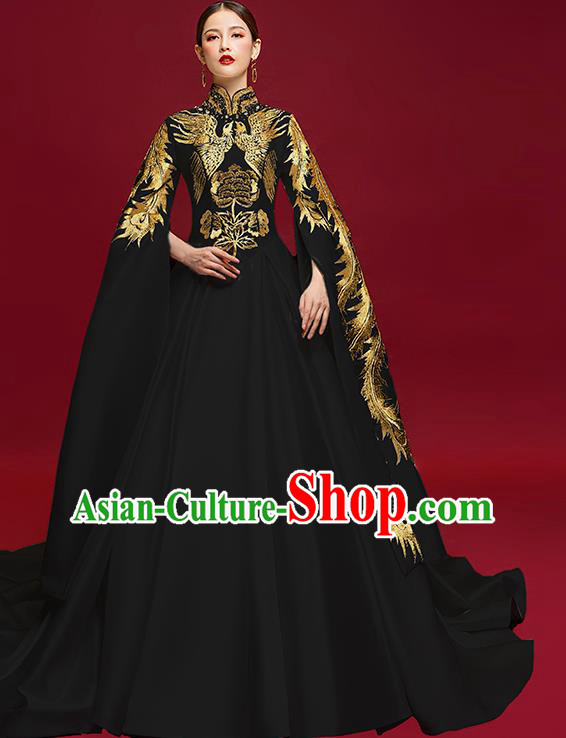 China Stage Show Water Sleeve Full Dress Catwalks Fashion Clothing Compere Embroidered Phoenix Black Dress Garment