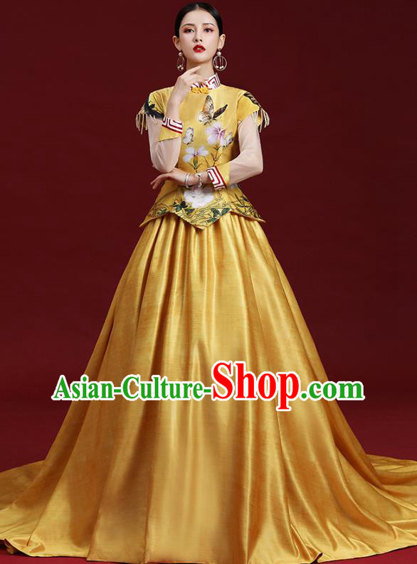 China Printing Cheongsam Clothing Compere Yellow Trailing Dress Garment Stage Show Full Dress Catwalks Fashion