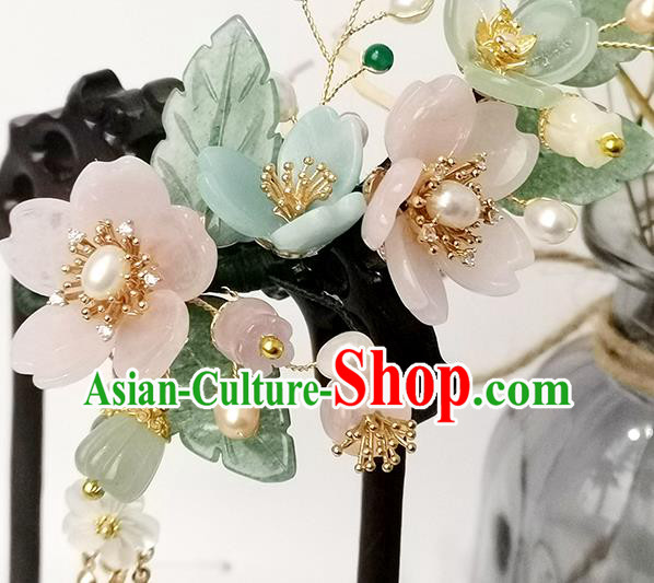 Chinese Ancient Princess Tassel Hairpin Traditional Ming Dynasty Pink Sakura Hair Stick