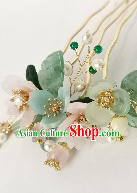 Chinese Ancient Princess Pearls Tassel Hairpin Traditional Ming Dynasty Pink Sakura Hair Comb