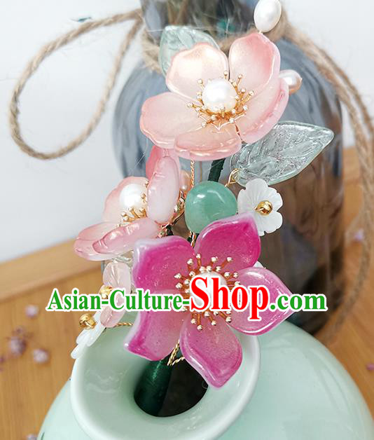 Chinese Ancient Palace Lady Pearls Hairpin Traditional Ming Dynasty Pink Begonia Hair Stick