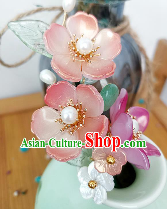 Chinese Ancient Palace Lady Pearls Hairpin Traditional Ming Dynasty Pink Begonia Hair Stick