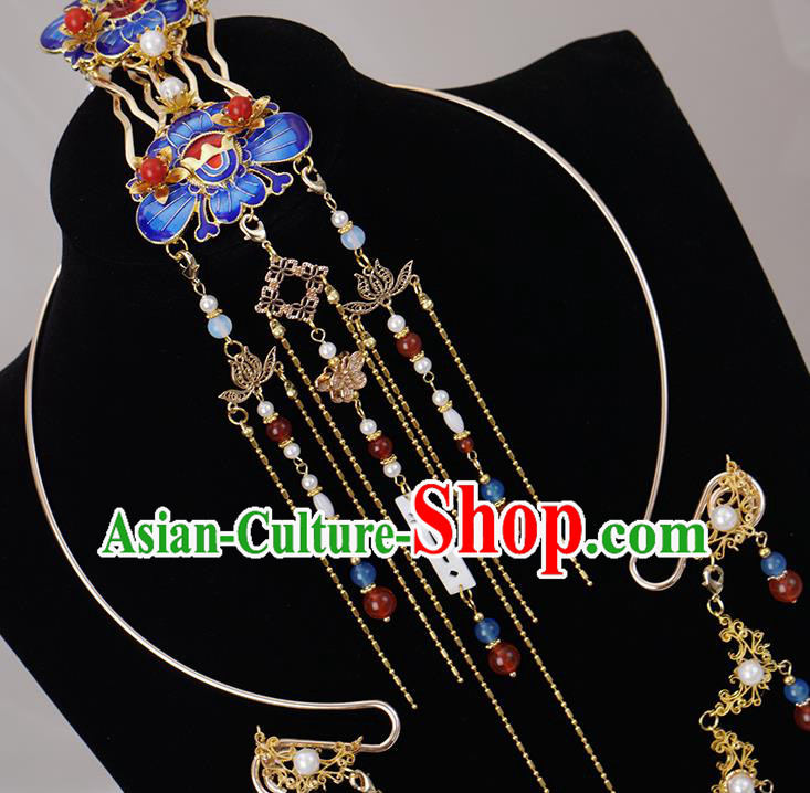 Chinese Ancient Noble Woman Blueing Hairpin Traditional Ming Dynasty Tassel Hair Crown Complete Set