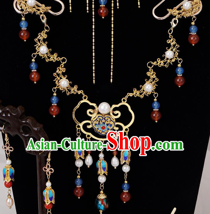 Chinese Ancient Noble Woman Blueing Hairpin Traditional Ming Dynasty Tassel Hair Crown Complete Set