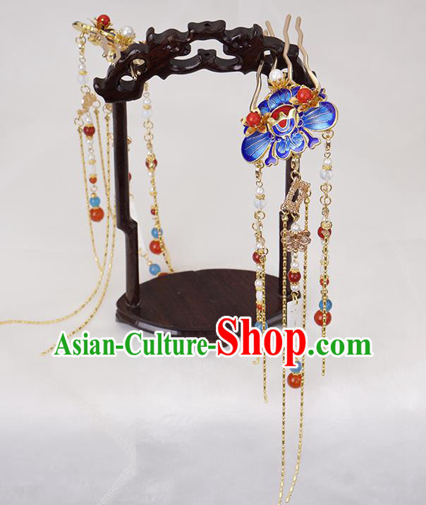 Chinese Ancient Noble Woman Blueing Hairpin Traditional Ming Dynasty Tassel Hair Crown Complete Set