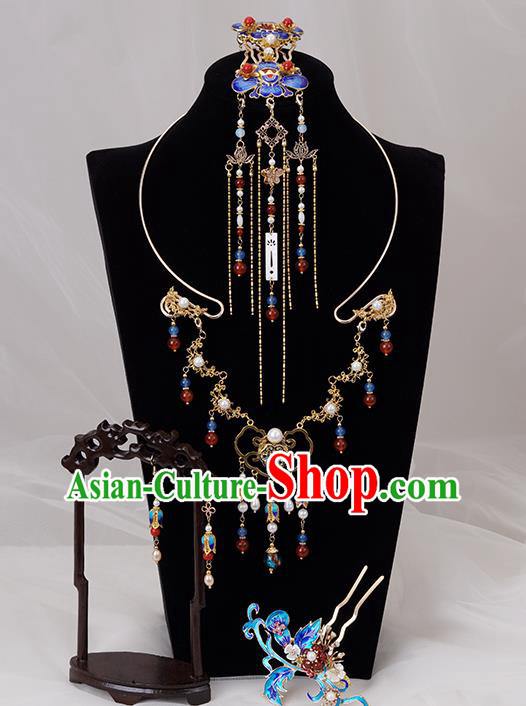 Chinese Ancient Noble Woman Blueing Hairpin Traditional Ming Dynasty Tassel Hair Crown Complete Set