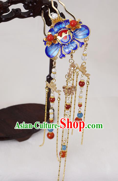 Chinese Ancient Noble Lady Blueing Peony Hairpin Traditional Ming Dynasty Golden Tassel Hair Comb