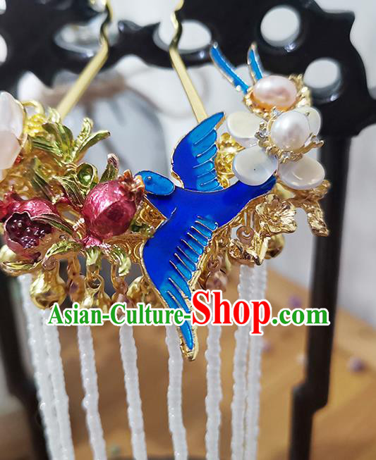 Chinese Ancient Young Lady Blueing Hairpin Traditional Ming Dynasty Beads Tassel Hair Stick