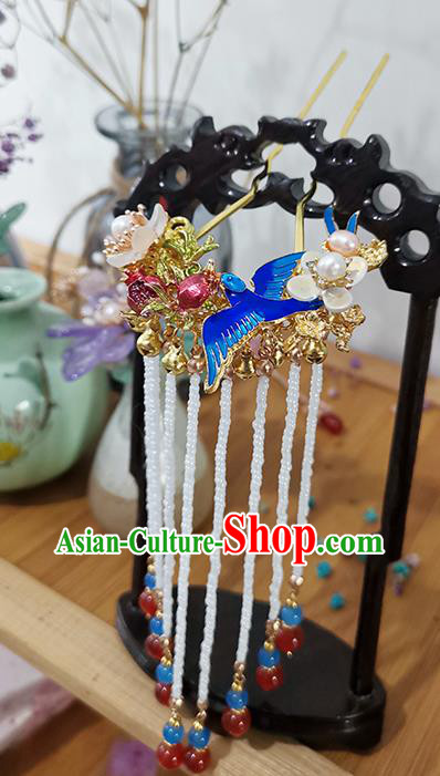 Chinese Ancient Young Lady Blueing Hairpin Traditional Ming Dynasty Beads Tassel Hair Stick