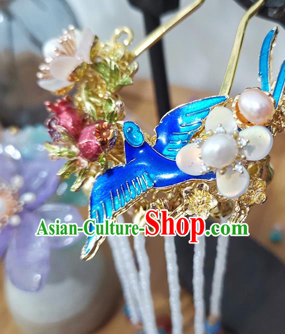 Chinese Ancient Young Lady Blueing Hairpin Traditional Ming Dynasty Beads Tassel Hair Stick