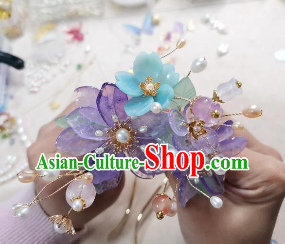 Chinese Ancient Palace Lady Pearls Hairpin Traditional Ming Dynasty Amethyst Flowers Hair Stick