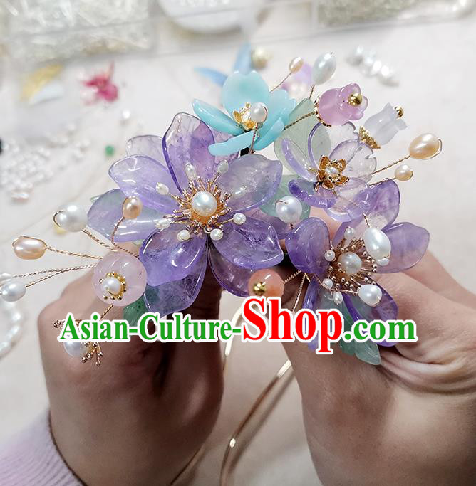 Chinese Ancient Palace Lady Pearls Hairpin Traditional Ming Dynasty Amethyst Flowers Hair Stick