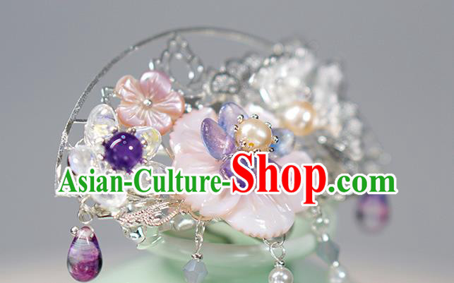 Chinese Ancient Swordswoman Argent Hairpin Traditional Ming Dynasty Shell Flower Hair Crown