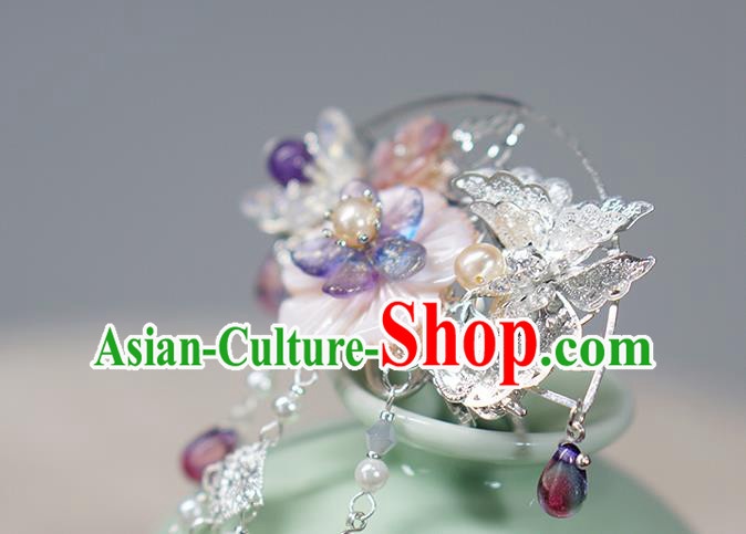 Chinese Ancient Swordswoman Argent Hairpin Traditional Ming Dynasty Shell Flower Hair Crown