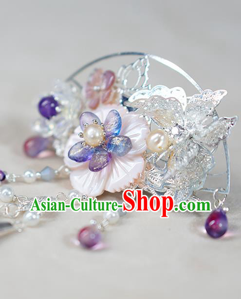Chinese Ancient Swordswoman Argent Hairpin Traditional Ming Dynasty Shell Flower Hair Crown