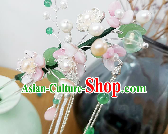 Chinese Ancient Palace Lady Tassel Hairpin Traditional Ming Dynasty Pink Plum Blossom Hair Stick