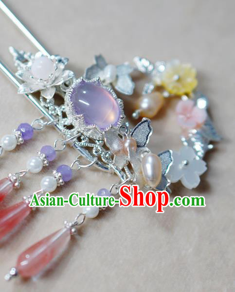 Chinese Ancient Young Lady Argent Hairpin Traditional Ming Dynasty Rose Quartz Hair Stick
