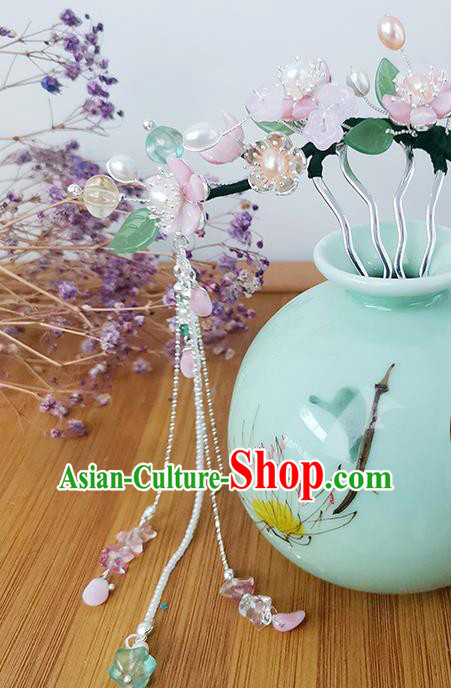 Chinese Ancient Palace Lady Tassel Hairpin Traditional Ming Dynasty Pink Plum Blossom Hair Stick