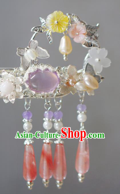 Chinese Ancient Young Lady Argent Hairpin Traditional Ming Dynasty Rose Quartz Hair Stick