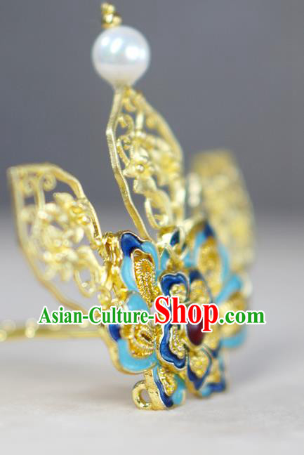 Chinese Ancient Royal Queen Golden Hairpin Traditional Ming Dynasty Blueing Peony Hair Crown