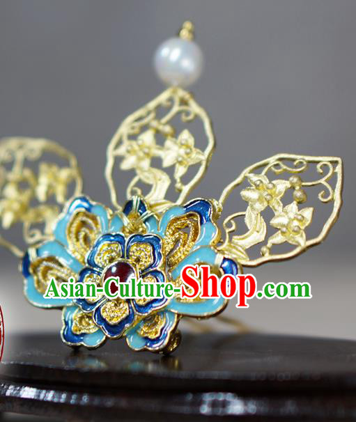Chinese Ancient Royal Queen Golden Hairpin Traditional Ming Dynasty Blueing Peony Hair Crown
