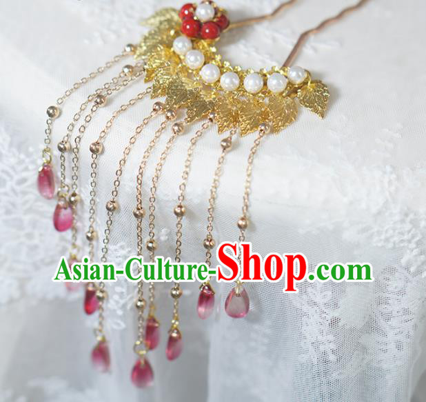 Chinese Ancient Palace Lady Hairpin Traditional Tang Dynasty Golden Leaf Tassel Hair Stick