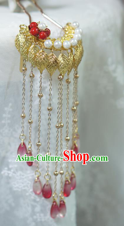 Chinese Ancient Palace Lady Hairpin Traditional Tang Dynasty Golden Leaf Tassel Hair Stick