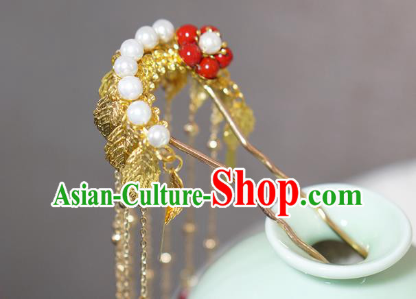 Chinese Ancient Palace Lady Hairpin Traditional Tang Dynasty Golden Leaf Tassel Hair Stick