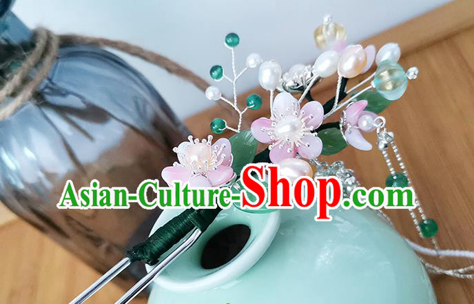 Chinese Ancient Palace Lady Tassel Hairpin Traditional Ming Dynasty Pink Plum Blossom Hair Stick