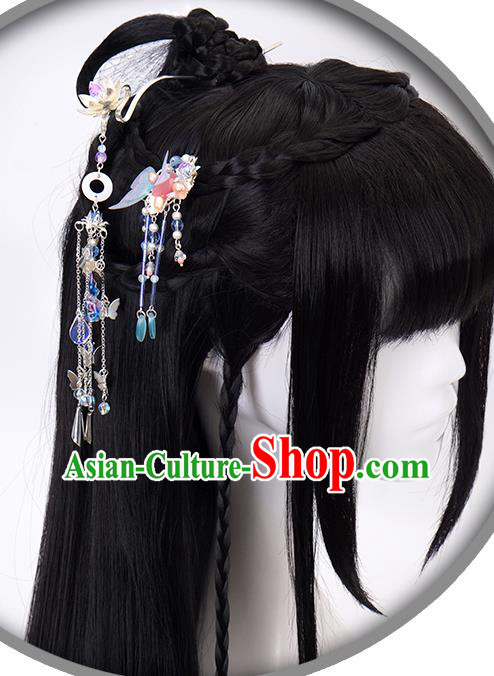 China Ancient Swordswoman Wigs Headgear Traditional Jin Dynasty Young Lady Wig Sheath