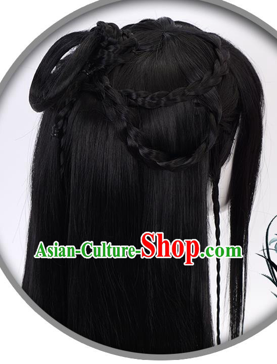 China Ancient Swordswoman Wigs Headgear Traditional Jin Dynasty Young Lady Wig Sheath