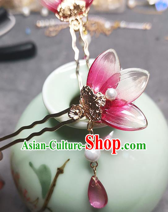 Chinese Ancient Young Lady Red Flower Hairpin Traditional Ming Dynasty Tassel Hair Stick