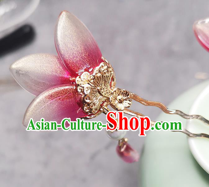 Chinese Ancient Young Lady Red Flower Hairpin Traditional Ming Dynasty Tassel Hair Stick