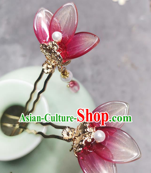 Chinese Ancient Young Lady Red Flower Hairpin Traditional Ming Dynasty Tassel Hair Stick