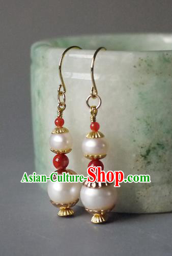 Chinese Ancient Court Pearls Gourd Ear Accessories Traditional Qing Dynasty Imperial Concubine Earrings