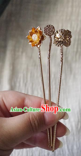 Chinese Ancient Empress Hairpin Hair Accessories Traditional Tang Dynasty Brass Lotus Hair Stick