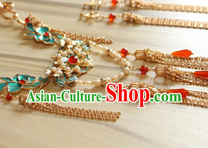 Chinese Traditional Wedding Golden Tassel Necklace Ancient Ming Dynasty Noble Lady Pearls Necklet