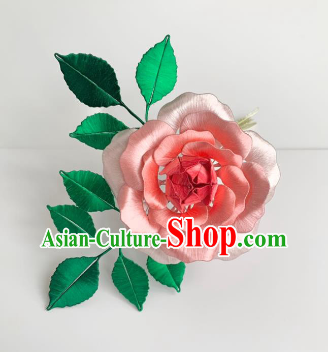 China Handmade Pink Silk Rose Hairpin Traditional Hanfu Hair Accessories Ancient Tang Dynasty Princess Hair Stick