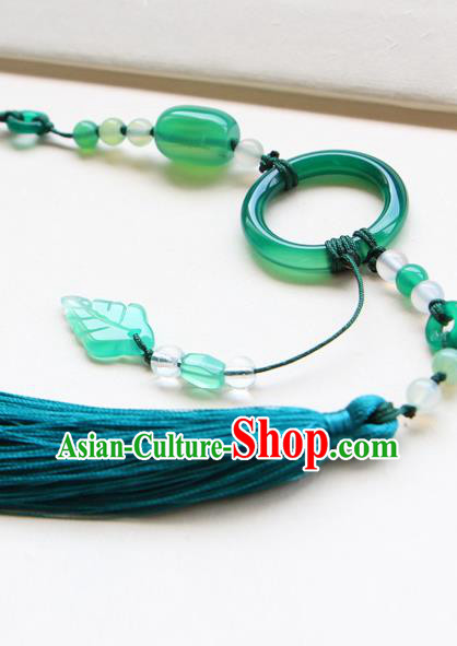 Chinese Traditional Hanfu Blue Tassel Belt Pendant Ancient Swordsman Jade Waist Accessories