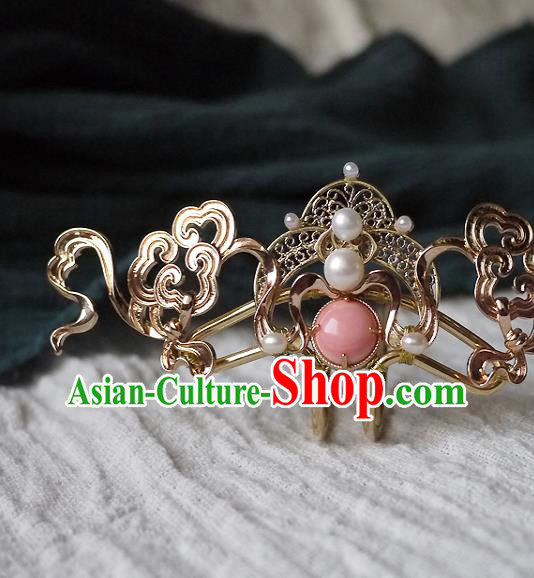 Chinese Ancient Queen Golden Hairpin Hair Accessories Traditional Tang Dynasty Empress Pearls Hair Crown