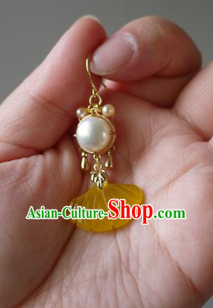 Chinese Ancient Princess Topaz Ginkgo Leaf Ear Accessories Traditional Qing Dynasty Pearls Earrings